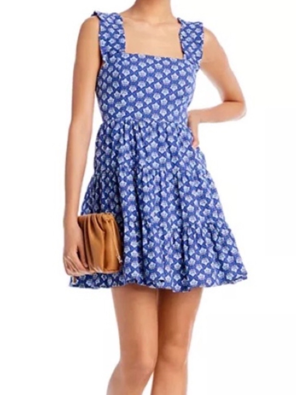 Aqua Floral Tile Print Poplin Tiered Mini Dress